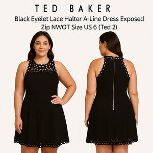 Ted Baker Black Eyelet Lace Halter A-Line Dress Exposed Zip NWOT Sz US 6 (Ted 2)